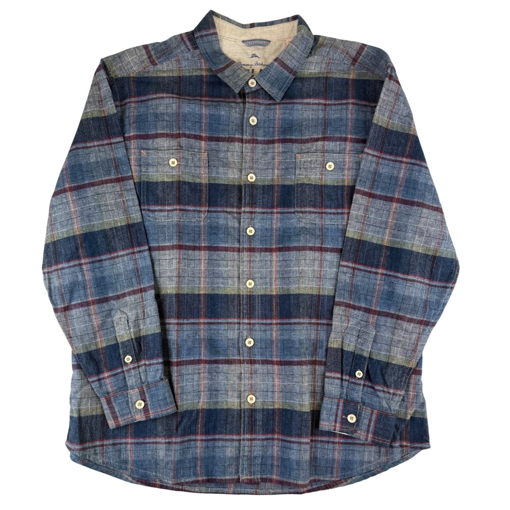 Tommy Bahama Relax Button Down Shirt Mens 3XL Blue Plaid Cotton Long Sleeve
